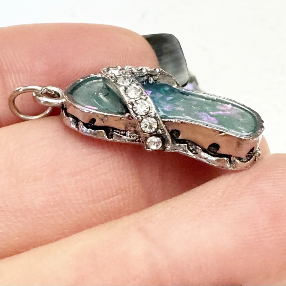 Set of 3 Abalone Shell Flip Flop Pendant Bracelet Rhinestone Charms Silver Tone - Picture 4 of 9